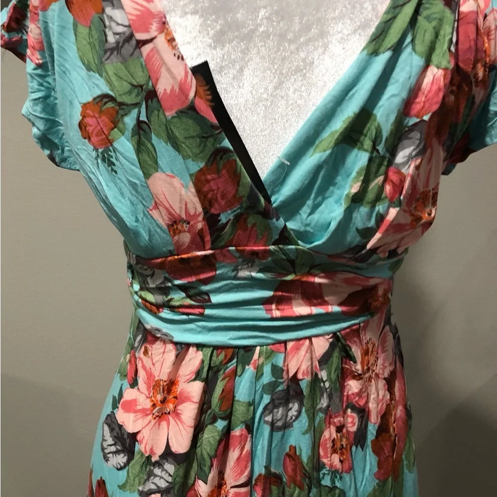 IMAN Mint Floral Maxi Dress XS NWT Cap Sleeve Slimming - Picture 5 of 5